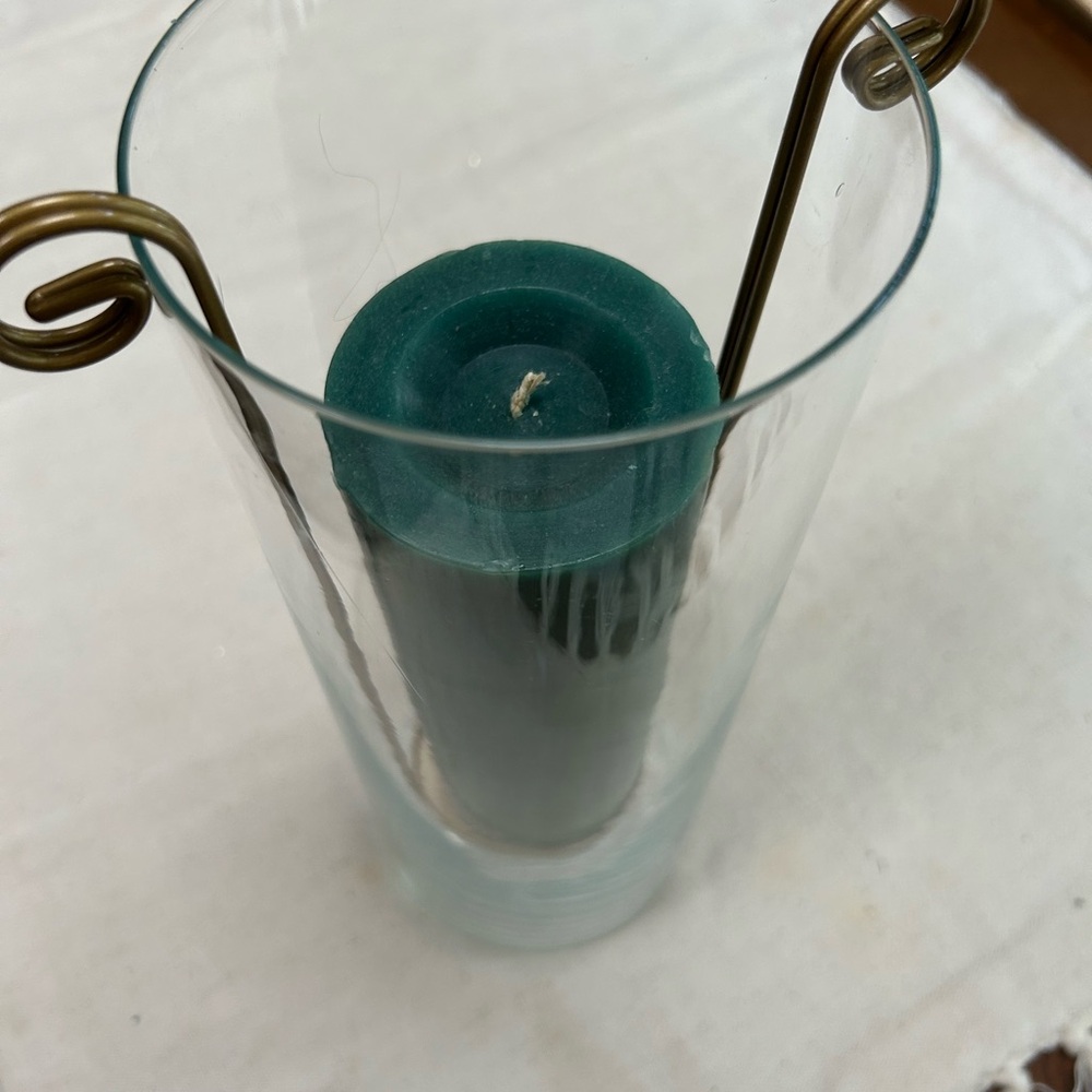 Elegant Glass Candle Holder with bent metal candle lifter (candle NOT included)